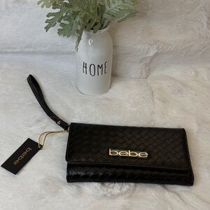 bebe Black Woven Wristlet Clutch with Gold Logo